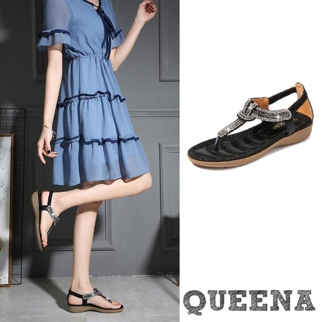 【QUEENA】坡跟涼鞋 T字涼鞋/華麗美鑽單結T字造型坡跟涼鞋(黑)