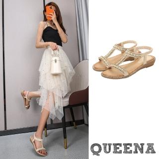 【QUEENA】坡跟涼鞋 工字涼鞋/波西米亞民族風復古美鑽編織工字造型坡跟涼鞋(米)