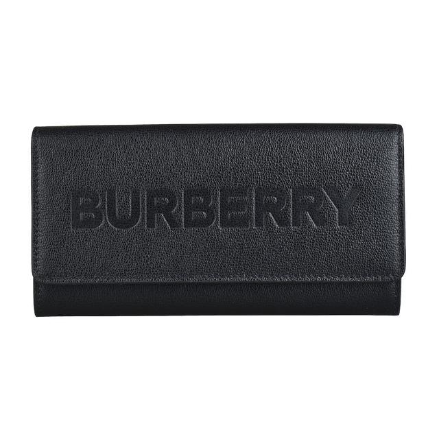 【BURBERRY 巴寶莉】BURBERRY鋼印LOGO小牛皮12卡壓釦式翻蓋長夾(黑)