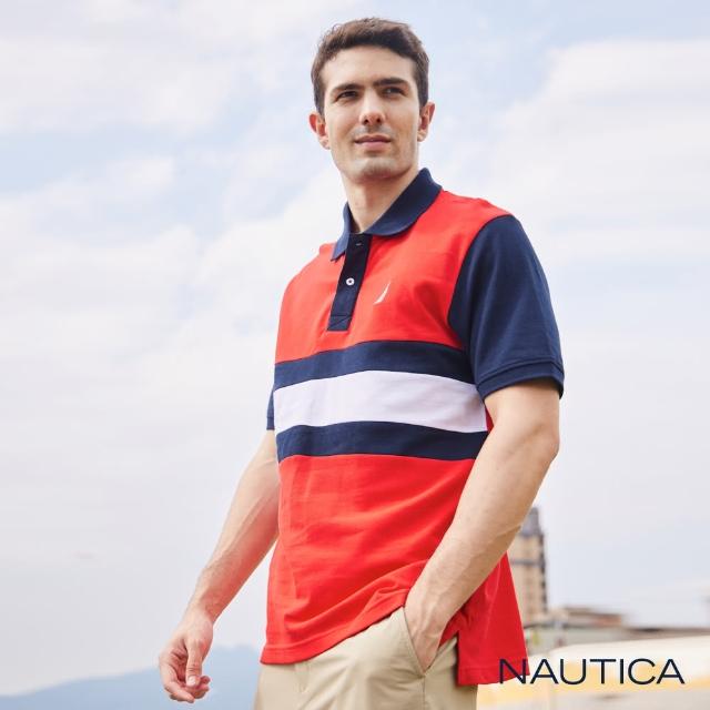 【NAUTICA】男裝 撞色衣袖短袖POLO衫(紅色)