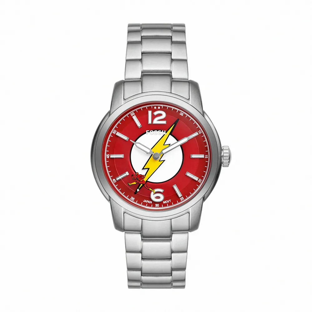 【FOSSIL 官方旗艦館】The Flash 閃電俠限量經典紅色指針手錶 銀色不鏽鋼錶帶 40MM LE1162