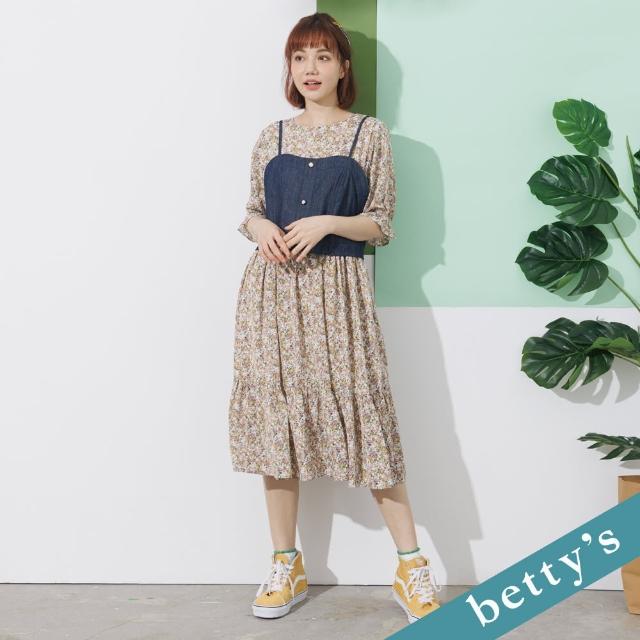 【betty’s 貝蒂思】假兩件牛仔馬甲飄逸洋裝(淺黃)