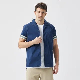 【NAUTICA】男裝 素面古巴領短袖襯衫(深藍)