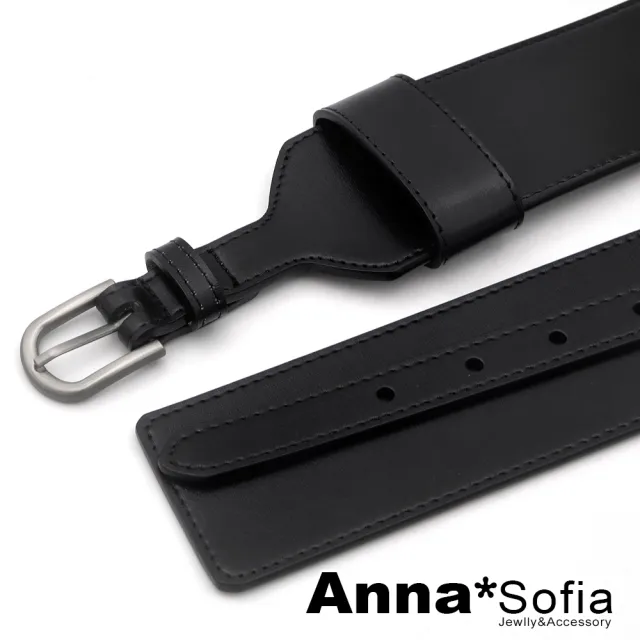 【AnnaSofia】二層牛皮真皮腰帶皮帶腰封-中央縮釦細帶 現貨(黑系)