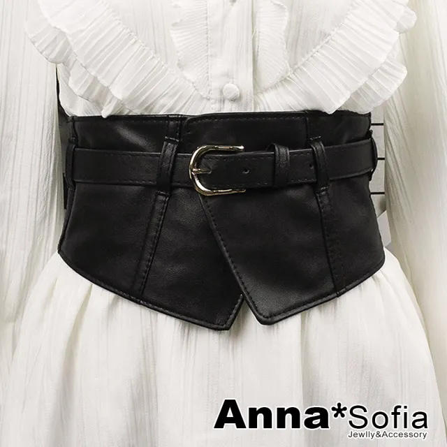 【AnnaSofia】彈性寬腰帶腰封皮帶-軟皮束腰釦帶(黑系)