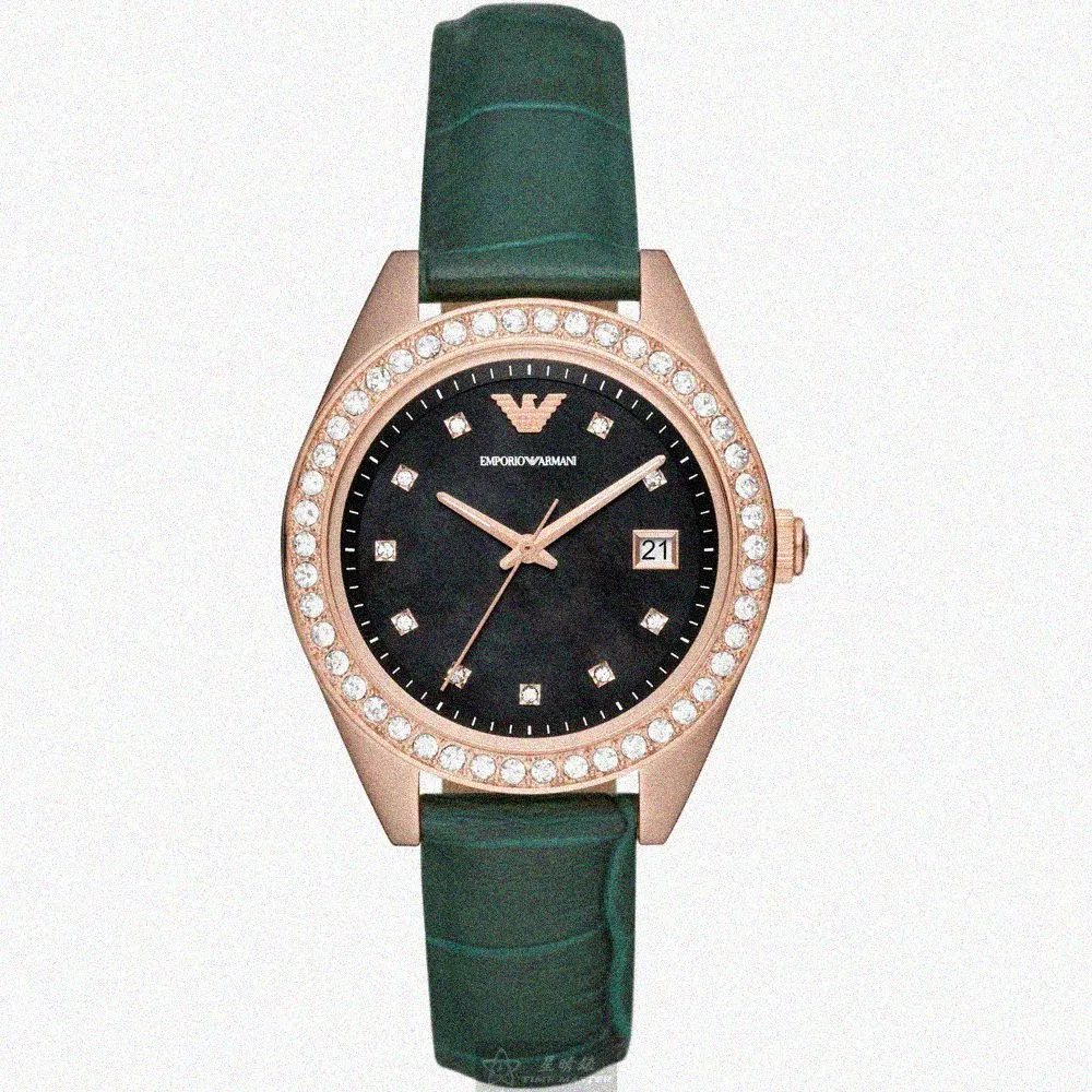【EMPORIO ARMANI】ARMANI阿曼尼女錶型號AR00027(墨綠色錶面玫瑰金錶殼綠色真皮皮革錶帶款)