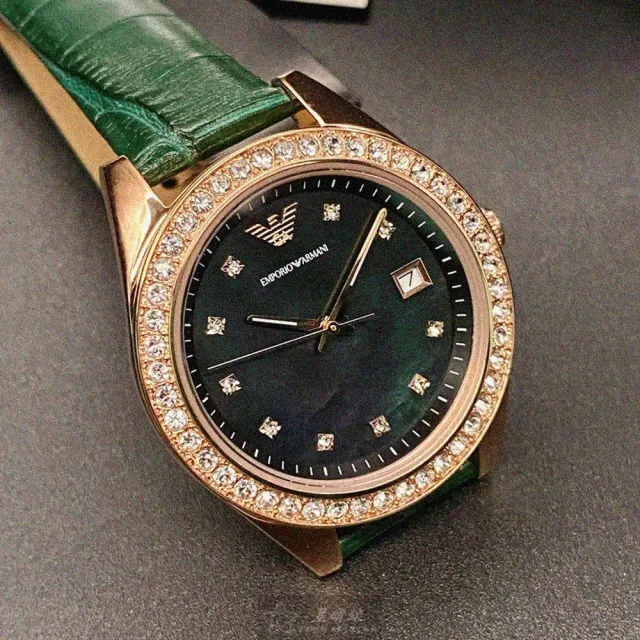 【EMPORIO ARMANI】ARMANI阿曼尼女錶型號AR00027(墨綠色錶面玫瑰金錶殼綠色真皮皮革錶帶款)