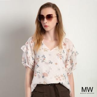 【MAGIQUE WARDROBE】V領荷葉雪紡印花五分袖上衣(2色)