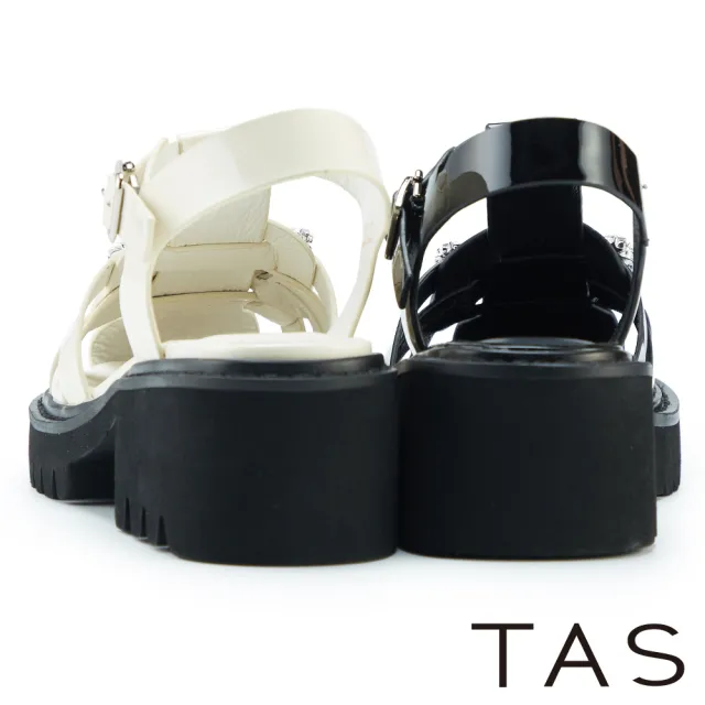 【TAS】方鑽飾釦編織漆皮厚底涼鞋(黑色)