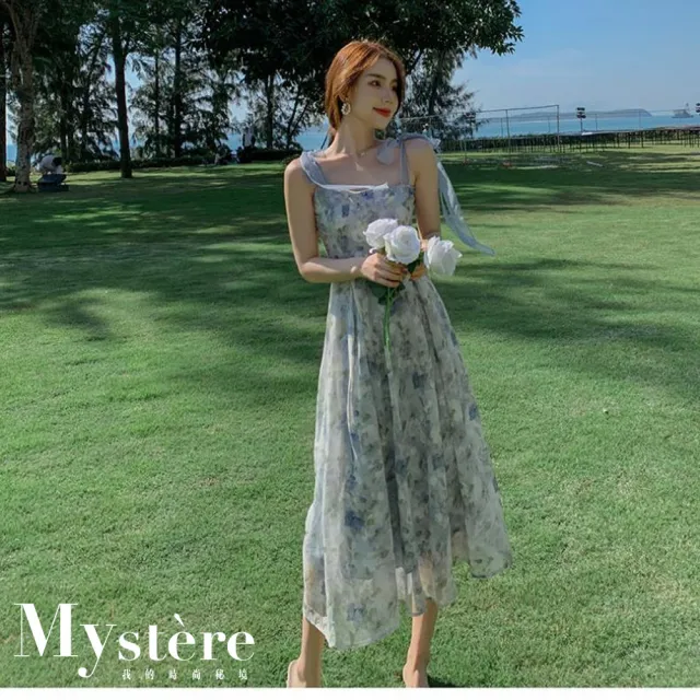 【my stere 我的時尚秘境】雙11 現貨必搶-春夏新款-法式雪紡油畫風飄逸綁帶連身長裙(雪紡飄逸柔