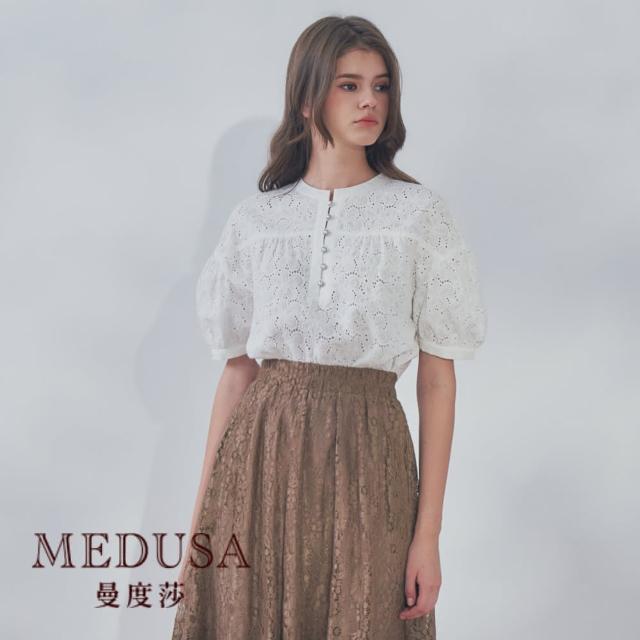 【MEDUSA 曼度莎】現貨-燒花蕾絲圓蓬袖上衣（M-XL）｜女上衣 女短袖上衣 白上衣(320-76301)