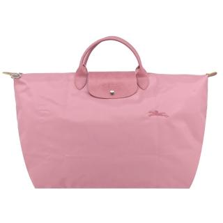【LONGCHAMP】LE PLIAGE GREEN系列刺繡短把再生尼龍摺疊旅行袋(大/花瓣粉)