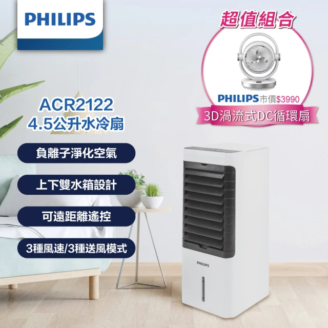 【Philips 飛利浦】1+1超值組-負離子淨化 4.5公升水冷扇 定時 液晶觸控顯示-可遙控(ACR2122C+ACR3124CF)