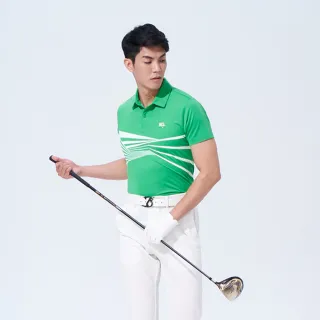 【KING GOLF】速達-網路獨賣款-男款放射線條撞色印圖開襟POLO衫/高爾夫球衫(綠色)