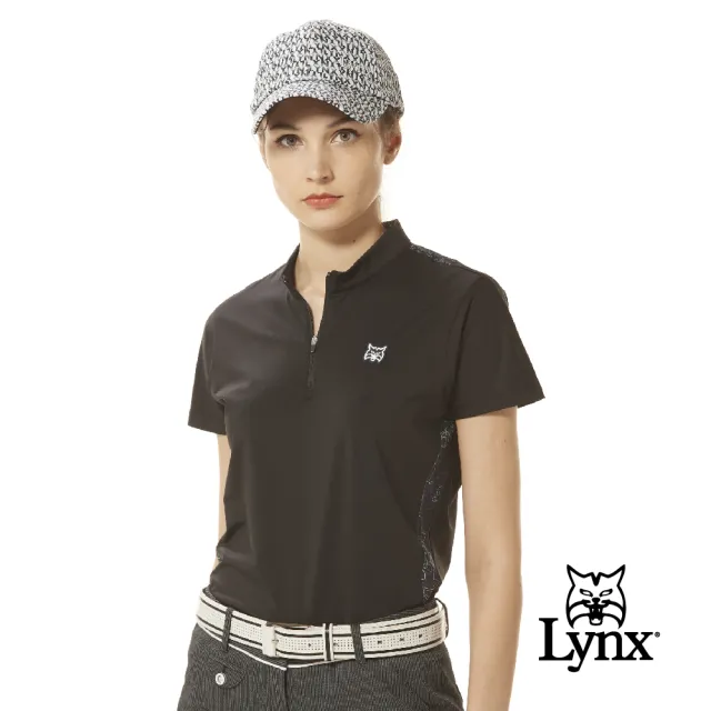 【Lynx Golf】女款合身版吸溼排汗質感山貓膠標Lynx印花配布剪裁造型短袖立領POLO衫/高爾夫球衫(二色)