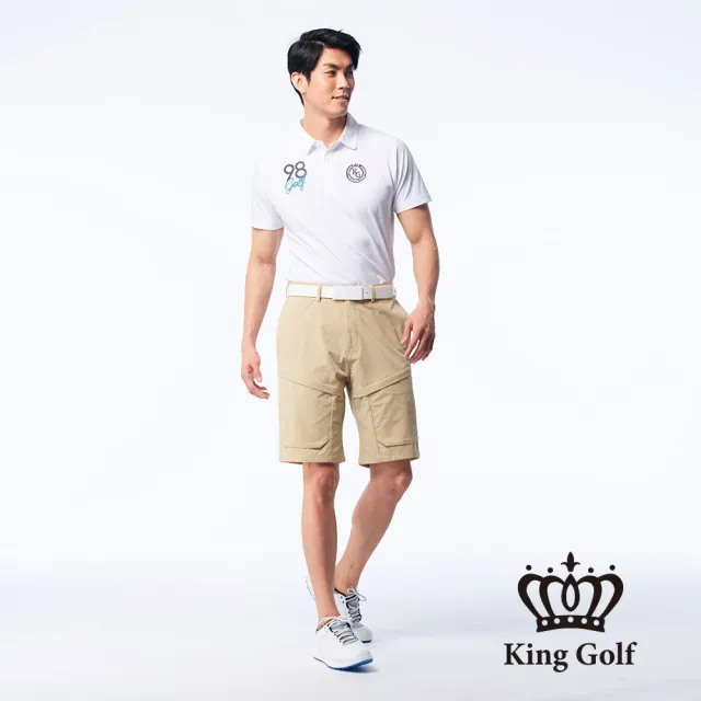 【KING GOLF】速達-網路獨賣款-LOGO燙標口袋造型立體剪裁彈性高爾夫球短褲(卡其)