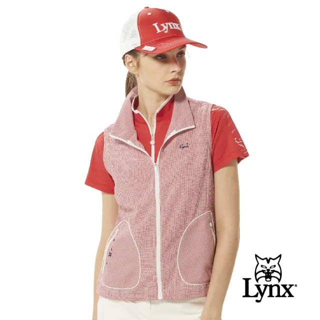 【Lynx Golf】女款日本進口布料吸汗速乾功能百搭格紋配色造型拉鍊口袋無袖背心(三色)