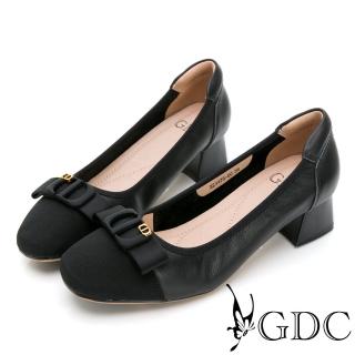 【GDC】小香風真皮撞色蝴蝶結氣質上班方頭跟鞋-黑色(224478-00)
