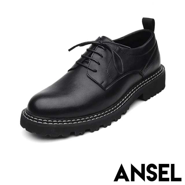 【ANSEL】真皮馬丁鞋/真皮雙層縫線繫帶造型個性馬丁鞋-男鞋(黑)