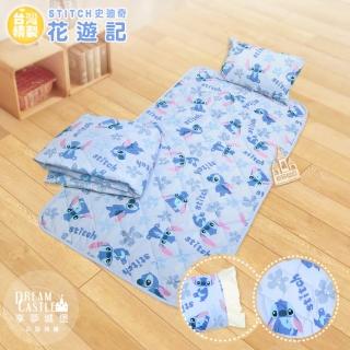 【享夢城堡】兒童卡通四季被童枕睡墊三件組(迪士尼史迪奇Stitch 花遊記-藍)
