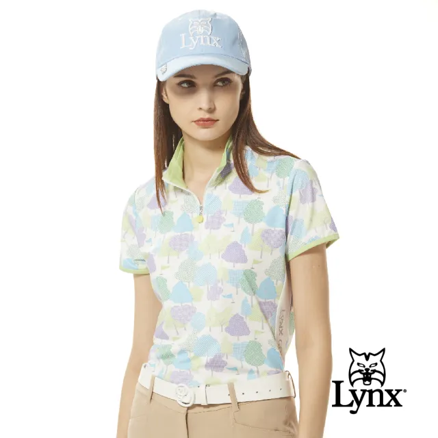 【Lynx Golf】女款吸溼排汗繽紛森林風樹木剪影印花脇邊剪裁設計短袖立領POLO衫/高爾夫球衫(二色)