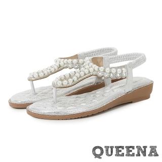 【QUEENA】坡跟涼鞋 T字涼鞋/華麗珍珠蕾絲花邊燙鑽T字夾腳坡跟涼鞋(2色任選)