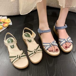 【baibeauty 白鳥麗子】MIT甜美皮革拼色扭結魔鬼氈繞帶平底涼鞋(平底鞋)