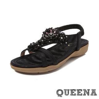 【QUEENA】厚底涼鞋 交叉涼鞋/浪漫華麗蕾絲花朵燙鑽交叉線條厚底涼鞋(黑)
