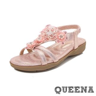 【QUEENA】厚底涼鞋 交叉涼鞋/浪漫華麗蕾絲花朵燙鑽交叉線條厚底涼鞋(粉)