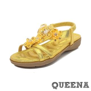 【QUEENA】厚底涼鞋 交叉涼鞋/浪漫華麗蕾絲花朵燙鑽交叉線條厚底涼鞋(金)