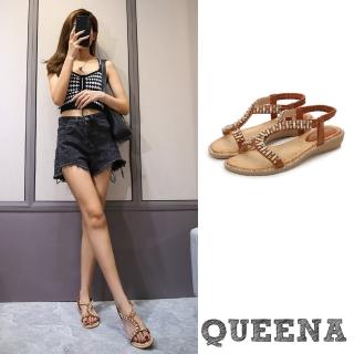 【QUEENA】坡跟涼鞋 美鑽涼鞋/波西米亞民族風美鑽編織X帶飾造型坡跟涼鞋(咖)