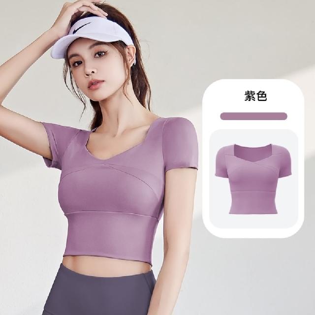 【米蘭精品】瑜珈服運動上衣(桃心領緊身含胸墊跑步健身女運動服8色74em8)