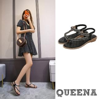【QUEENA】厚底涼鞋 坡跟涼鞋/閃耀美鑽鑽帶珍珠夾腳坡跟厚底涼鞋(黑)
