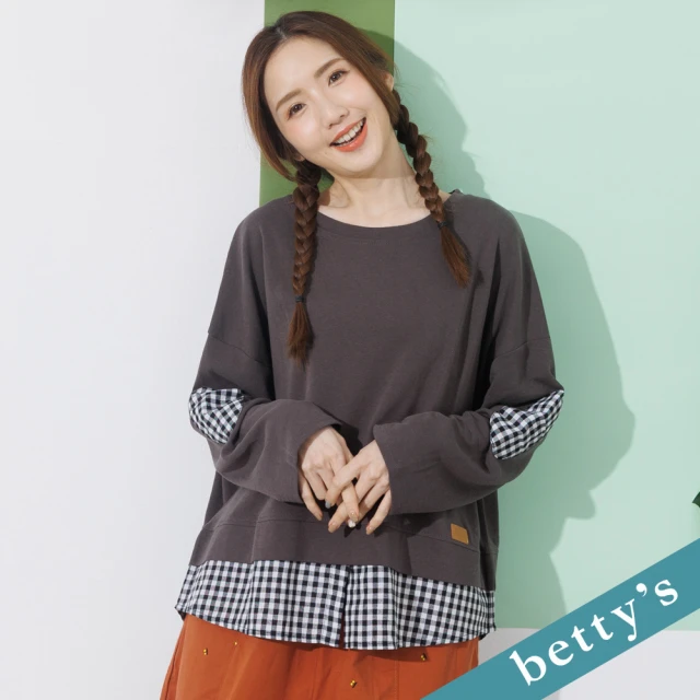 【betty’s 貝蒂思】手肘格子布拼接落肩T-shirt(深灰)