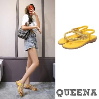 【QUEENA】厚底涼鞋 坡跟涼鞋/閃耀美鑽鑽帶珍珠夾腳坡跟厚底涼鞋(黃)