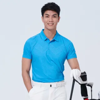 【KING GOLF】速達-網路獨賣款-男款三角撞色印圖開襟POLO衫/高爾夫球衫(藍色)