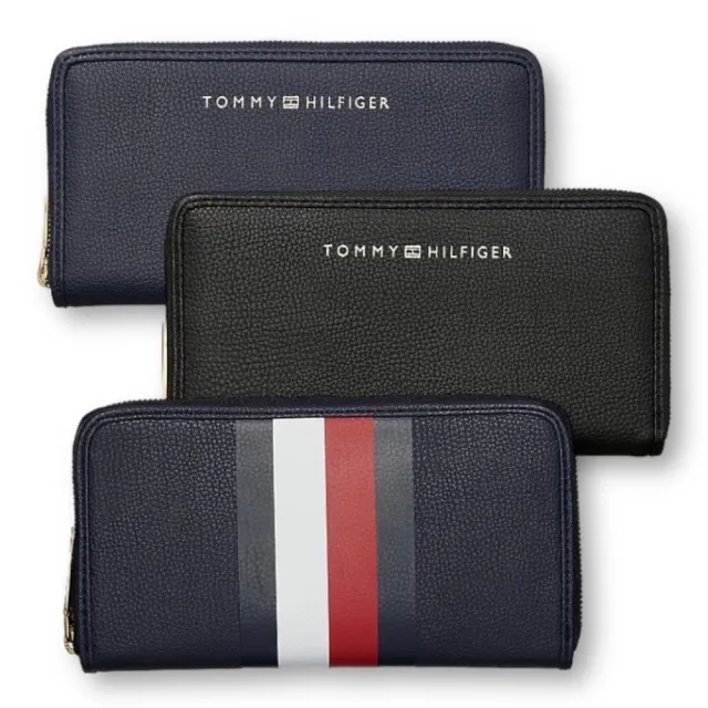 【Tommy Hilfiger】經典直紋/素面 拉鍊 男女皆可用 長夾 皮夾(美國官方平輸)