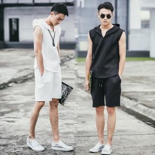 【巴黎精品】現貨+預購 運動服套裝無袖休閒服運動上衣休閒男裝(太空棉連帽背心短褲男裝2色a1an76)