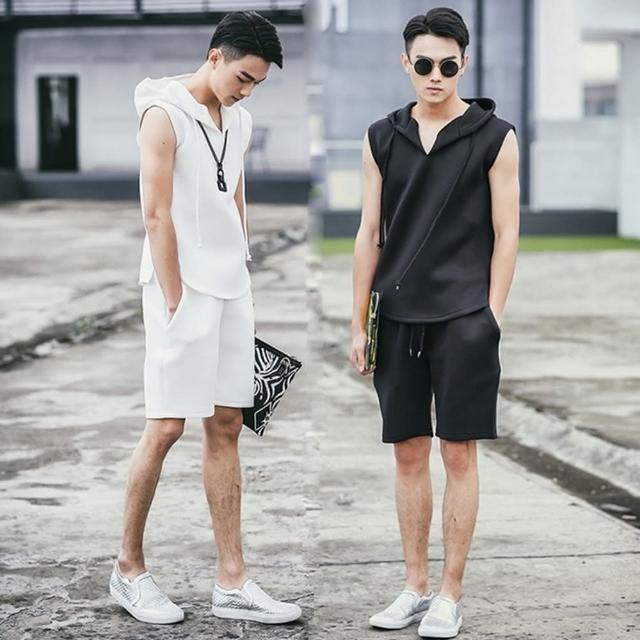 【巴黎精品】現貨+預購 運動服套裝無袖休閒服(太空棉連帽背心短褲男裝2色a1an76)