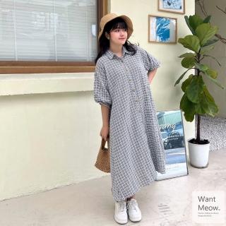 【Want-Meow】100公斤可穿/棉麻格紋襯衫洋裝(大碼洋裝/大尺碼/韓系歐膩穿搭/出遊穿搭/防曬/遮陽)