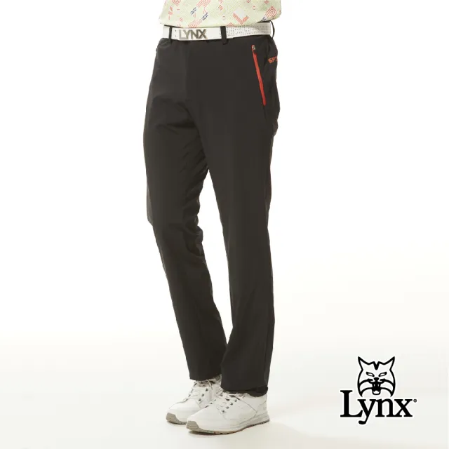 【Lynx Golf】男款防潑水四面彈性山貓雷射沖孔造型後腰印花剪接拉鍊口袋平口休閒長褲(二色)