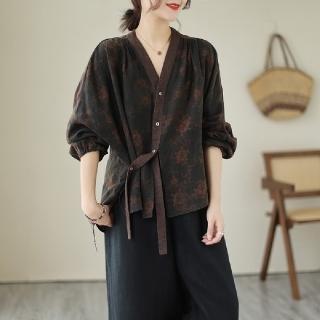 【巴黎精品】現貨+預購 襯衫長袖上衣(V領不規則綁帶民族風女裝2色a1bt19)