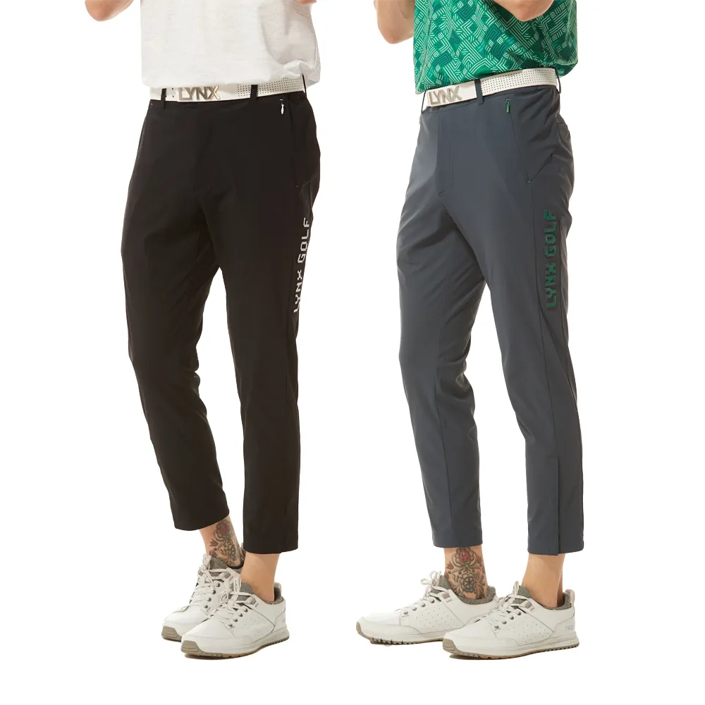 【Lynx Golf】男款日本進口布料吸排涼感機能立體凸印造型褲口排釦設計平口休閒長褲(二色)