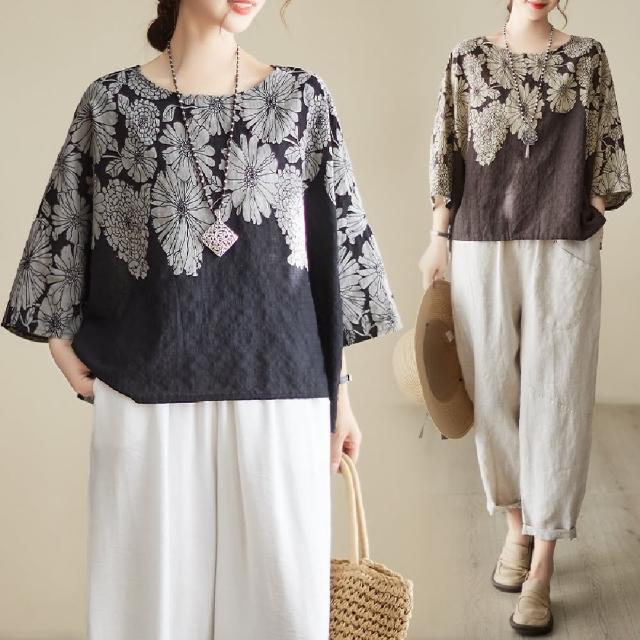 【巴黎精品】現貨+預購 襯衫七分袖上衣(寬鬆圓領花紋女裝2色a1bt16)