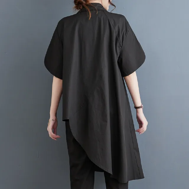 【巴黎精品】現貨+預購 襯衫短袖上衣(寬鬆個性不規則中長款女裝2色a1bt11)