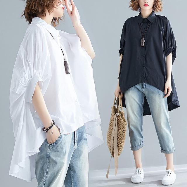 【巴黎精品】現貨+預購 襯衫短袖上衣(寬鬆素色前短後長女裝2色a1bt23)