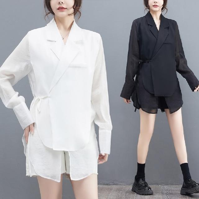 【巴黎精品】現貨+預購 襯衫長袖上衣(假兩件綁帶拼接西裝女裝2色a1bt40)
