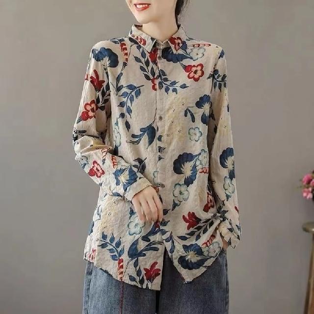 【巴黎精品】現貨+預購 襯衫長袖上衣(復古印花棉麻寬鬆女裝a1bt17)