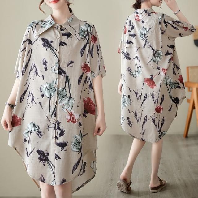 【巴黎精品】現貨+預購 襯衫短袖上衣(水墨印花長款寬鬆女裝a1bt47)