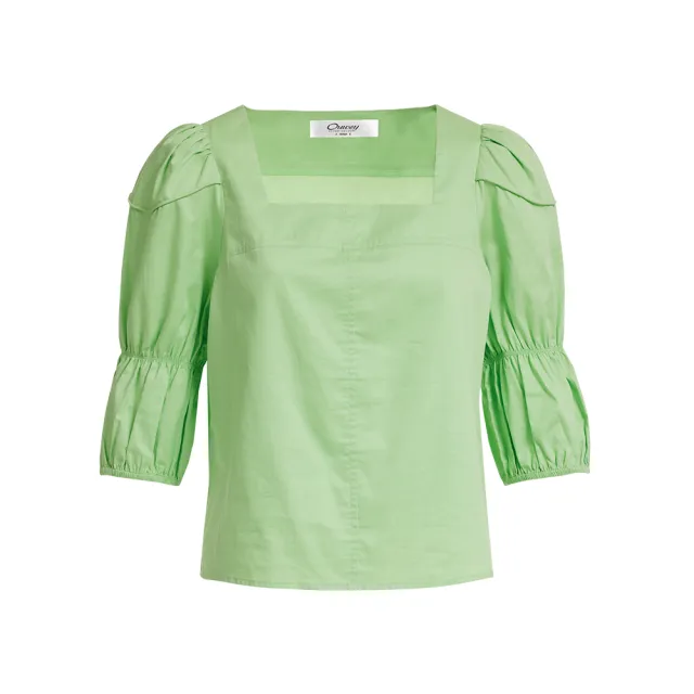 【OUWEY 歐薇】公主袖方領純棉短版上衣(綠色；S-L；3232101001)
